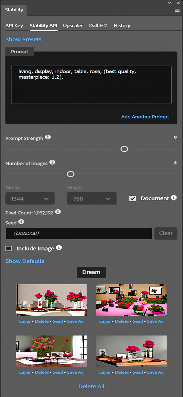 Photoshop用プラグインのインターフェース拡大画像
利用方法は、Photoshopで新規ドキュメントをサイズ指定してPromptのテキスト画面に英文で入力する。